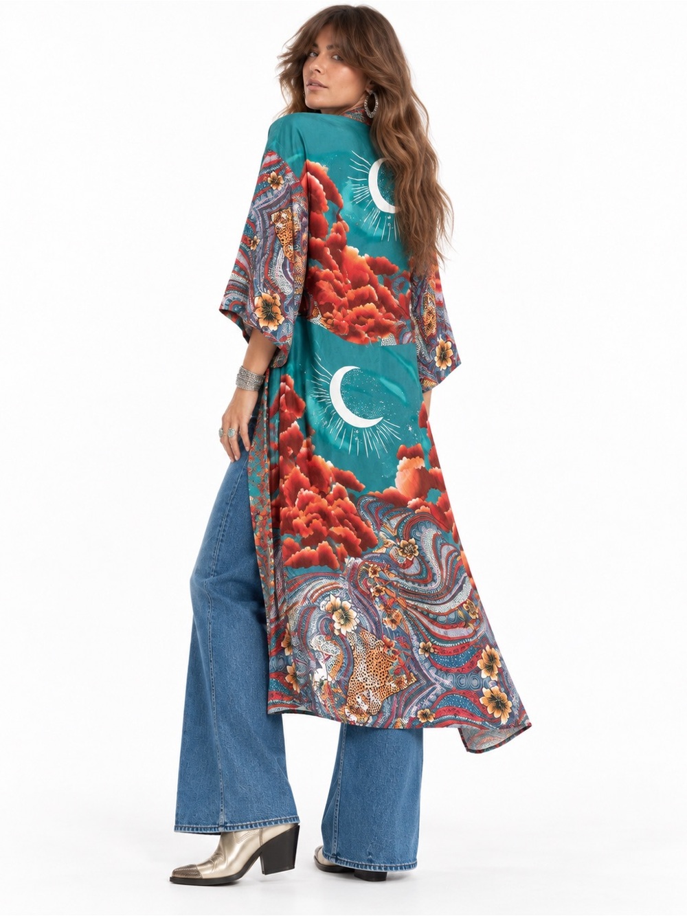 Teal Celestial Moon Cloud Kimono Robe Long Duster Boho Paisley Leopard Festival